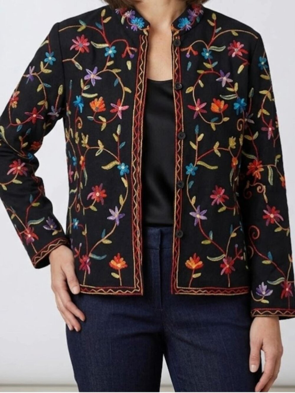 BFA Classics Black Embroidered Flower Jacket Womens Medium